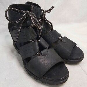 Sorel Joanie II Lace Up Black Leather Wedge Sandals Heels Women's Size 7.5 US
